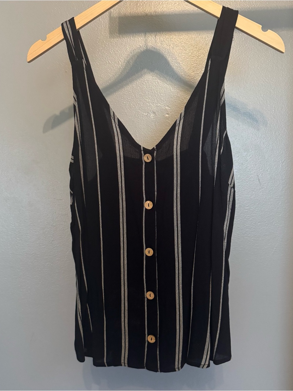 Maurices Navy blue Tank Top with White Vertical Stripes and Wood Buttons